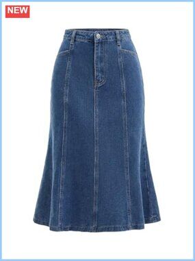 High Waisted Fishtail Denim Midi Skirt Fit and Flare Casual Jean Skirt